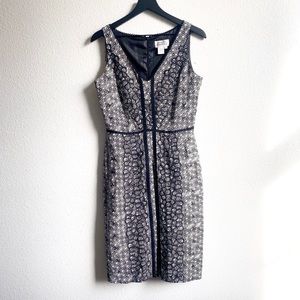 Adrianna Papell Linen Black White Floral Linear Print A Line Dress Size 8